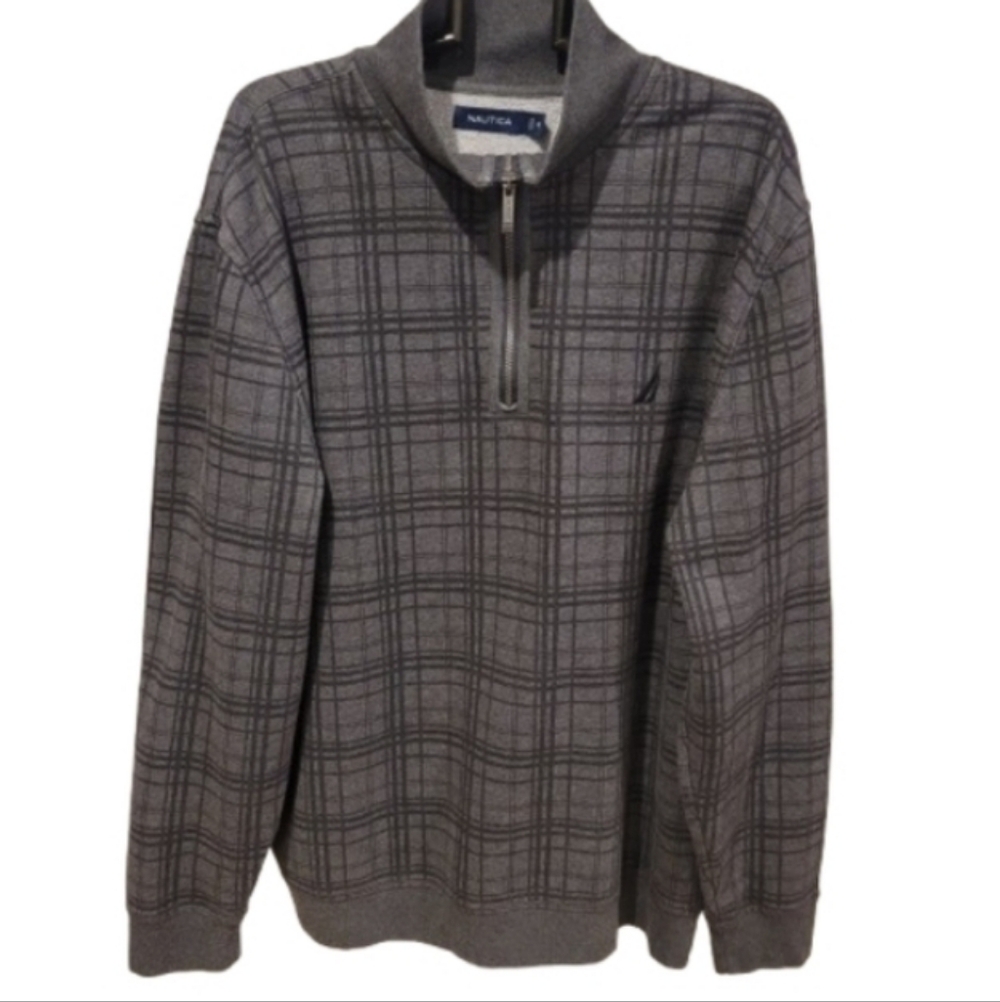 Nautica Quarter Zip Pullover Plaid Sweatshirt Top Gray XXL - Picture 2 of 11